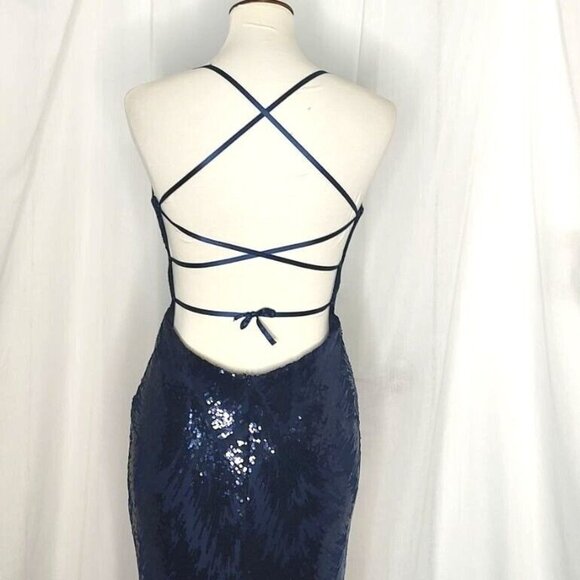 JULES AND CLEO Maxi Dress 8 Formal Gown Navy Sequin Strappy Open Back Prom - Picture 12 of 15